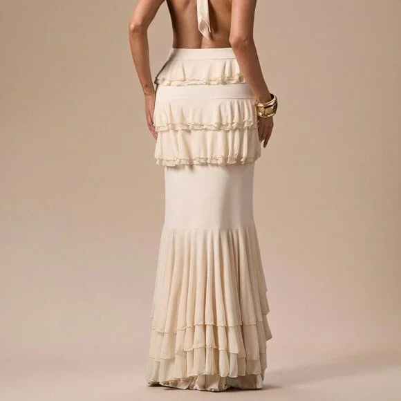 Apricot Sexy Women's Deep V-Neck Fitted Elegant Ruffle Hem Dress - Picture 2 of 7